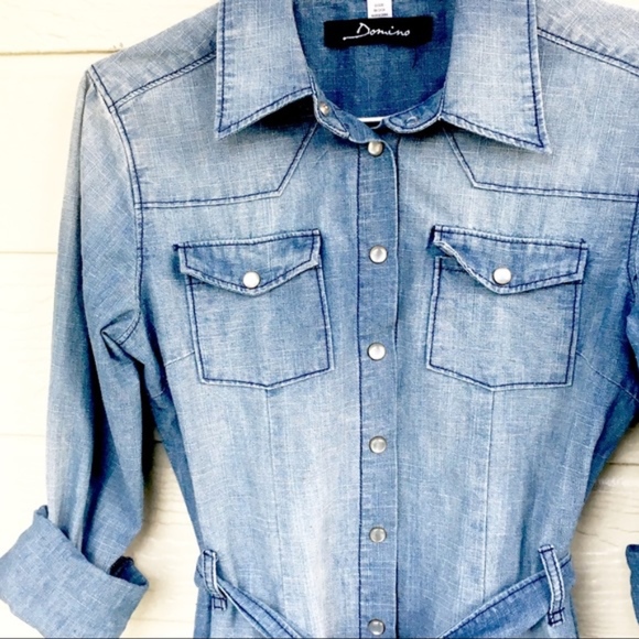 DOMINO DOLLHOUSE DENIM BUTTON DOWN DRESS - Picture 2 of 8